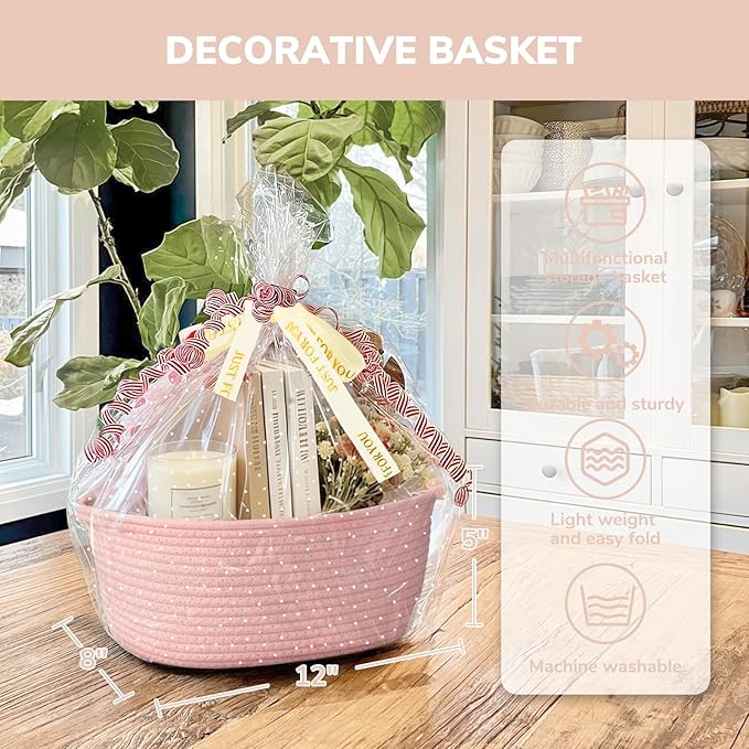 CHICVITA Mother's Day Basket with Gift Bags & Ribbon Baskets for Gifts Empty, Rope Baskets for Organizing, Home Decoration for Kids, 12"x 8"x 5", Pink
