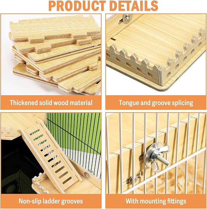 Fhiny Wooden Platform for Cage, Hanging Gerbil Climbing Platform with Ladder & Fence - Hamster Activity Playground Habitat Decor Cage Accessories for Dwarf Hamster, Gerbil, Mice, Rat, Mouse