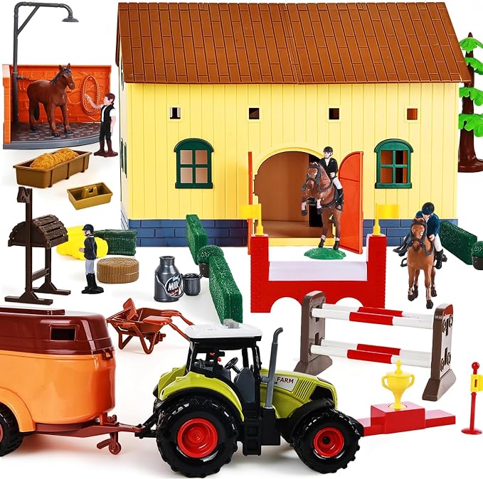 Horse Club Riding Arena, Horse Stable Playset,Tractor with Trailer, Equestrian Washing Area,Riders Figures,Horse Figurine, Obstacle Accessory Set - Barn Toys for 3-7 Years Old Kids Boys Girls Toddlers