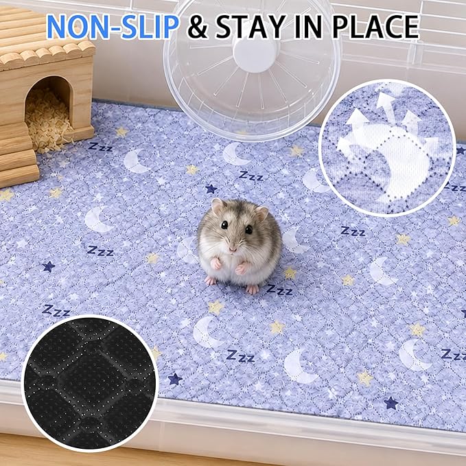Guinea Pig Cage Liner 2 Pack Super Absorbent Washable Guinea Pig Pee Pads Waterproof Reusable Anti Slip Bedding Pee Pad Mat for Rabbit Bunny Rat Cat (Stars&Moon, 48" x 24" (2 Pack))