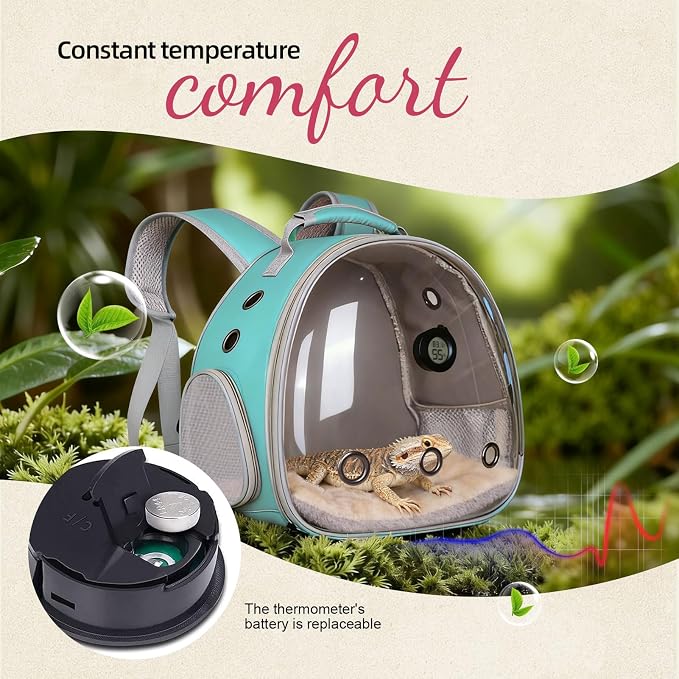 Bearded Dragon Travel Backpack Carrier with Reptile Thermometer and Humidity Gauge Lizard Travel Cage Space Capsule Clear Bubble Window Astronaut Reptile Bag for Ball Python (Green, Backpack+I LSH)