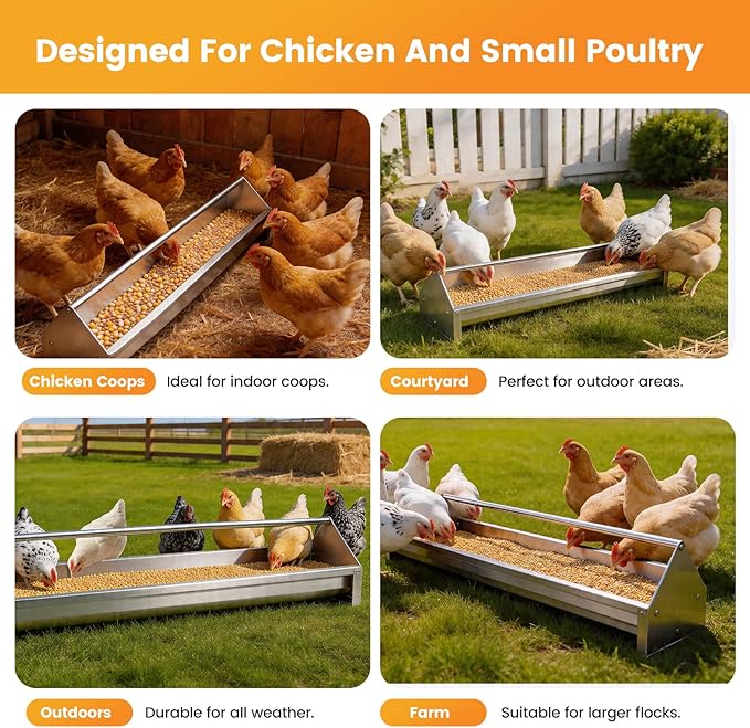 Chicken Feeding Trough 45" Large Capacity Stainless Steel Chicken Feeder Trough with Drainage Holes & Crossbar Poultry Feeder Trough for Chicken,Duck,Geese,Turkey Coop Accessories Supplies
