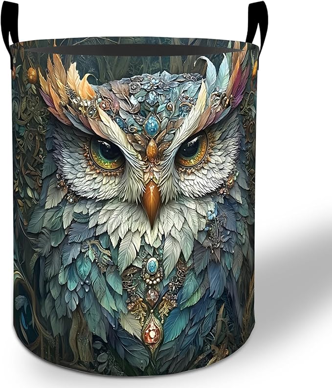Mystical Owl Laundry Basket Hamper 19.7"x15.8", Gothic Owl Foldable Waterproof Oxford Clothes Storage Bucket for Room Bathroom Bedroom Nursery Decor, Toy Organizer Bins Gifts for Kids Boys Girls