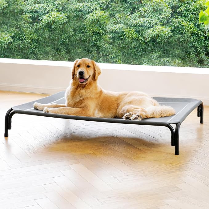 Elevated Dog Bed Raised Outdoor Dog Cot for Extra Large Dogs, Installation Requires No Tools, Frame with Washable Cooling Breathable Mesh Anti-Slip Feet, Indoor Pet Bed, Grey, 53.9 Inches