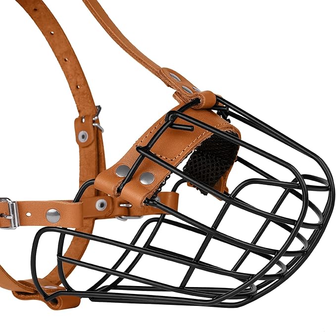 Pitbull Dog Muzzle Breathable Metal Basket for Large Dogs Amstaff Staffordshire Terrier Secure Wire Mask Adjustable Durable Leather Straps Biting Chewing Barking (Brown)