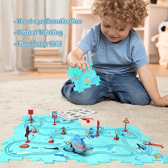 Puzzle Track Car Play Set, Plastic Puzzles for Kids Ages 3-5 with Vehicles, Electric Trolley Puzzle, Car Tracks for Toddlers, Toys Gifts for 3 4 5 6 Year Old Boys Girls