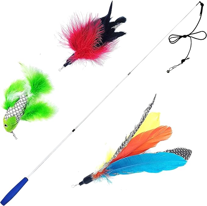 Pet Fit for Life Retractable Interactive Cat or Kitten Wand with 2 Feathers and 1 Soft Furry Combo