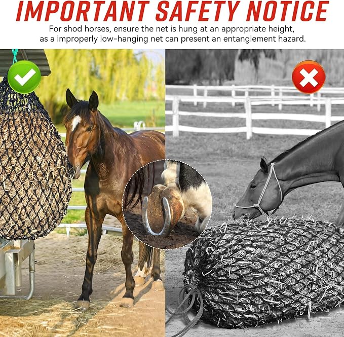 Square Bale Hay Nets for Horses, Premium PE Slow Feed Net with 1.6" Hole, Suitable for 36x18x18 to 45x25x17 Inches Hay Bales, Drawstring Closure for Easy Loading