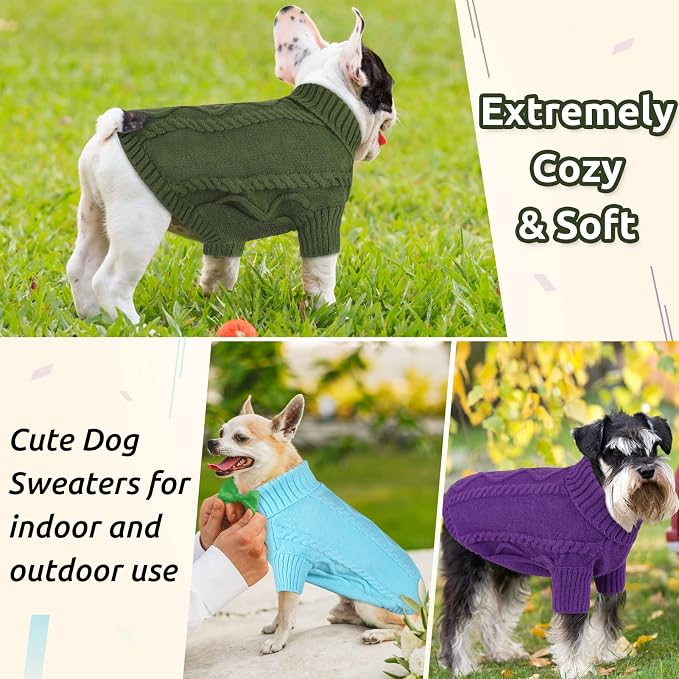 Queenmore Small Dog Pullover Sweater, Cold Weather Cable Knitwear, Classic Turtleneck Thick Warm Clothes for Chihuahua, Bulldog, Dachshund, Pug (Sky Blue, X-Large)