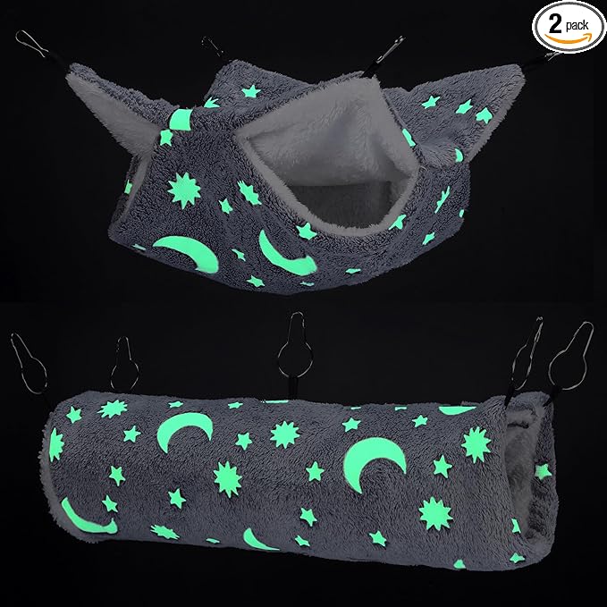 Mogoko Noctilucent Luminous Grey Guinea Pig Rat Hammock Bunkbed Hanging Tunnel and Soft Bed Mat for Ferret Hedgehog Squirrel Hideout Cage Accessories (Tunnel and Bunkbed Hammock)