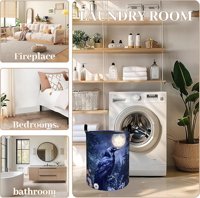 Gothic Raven Floral Laundry Basket, Oxford Cloth Goth Mystery Dirty Clothes Collapsible Hamper for Room Decor, Moon Flower Print Gifts Toy Organizer 19.7 * 15.8 Inch for Bedroom Bathroom Dorm