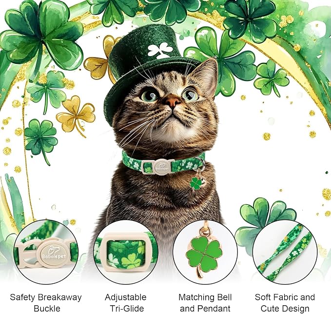 2 Pack St. Patrick’s Day Cat Collars - Breakaway Cat Collar with Bell, Lucky Clover Pendant, Adjustable Cute Green Bold Shamrock Kitten Collars for Boy Girl Cats
