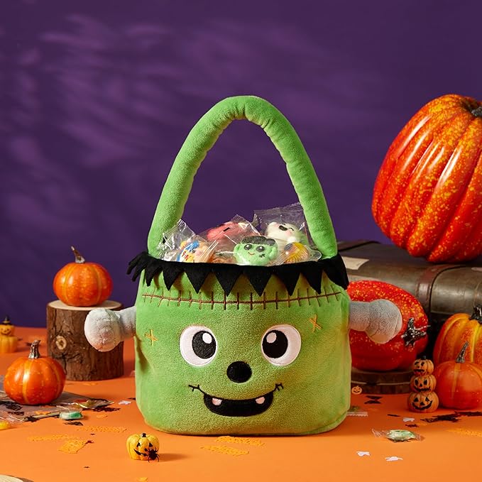 Halloween Plush Treat Basket, Halloween Candy Basket, Trick-or-Treat Bag (Green Frankenstein)