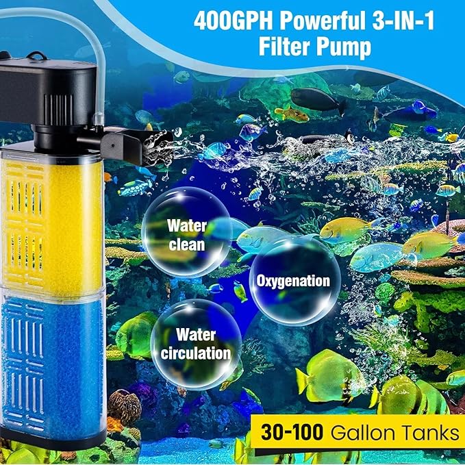 Fish Tank Filter, Ultra Quiet 400GPH Submersible Sponge Filter for 30~100 Gallon Aquariums – Easy-Clean Bio Sponge, Crystal Clear Water, Powerful Pump, Adjustable Airflow for Fish & Turtle Tanks