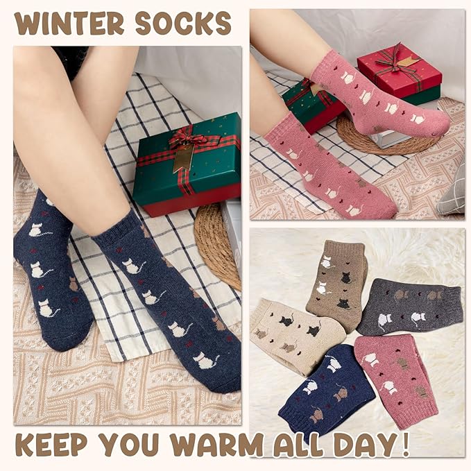 Justay 5 Pairs Womens Wool Socks Thick Warm Winter Socks Casual Cozy Socks Vintage Knit Crew Socks Gift for Women