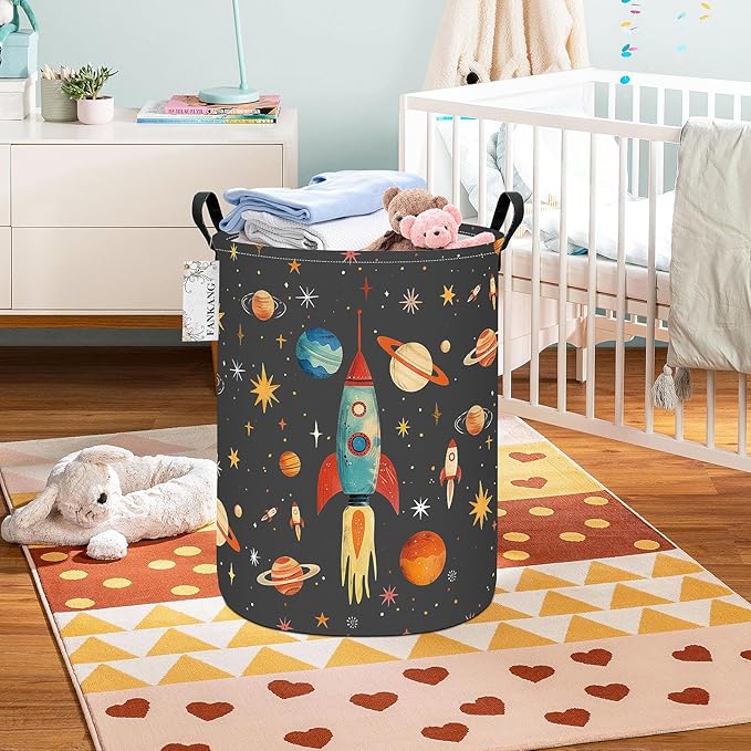 Storage Basket, Nursery Hamper Canvas Laundry Basket Foldable with Waterproof PE Coating Large Storage Baskets for Kids Boys and Girls, Office, Bedroom, Clothes,Toys(Space rocket)