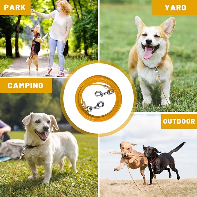 Dog Tie Out Cable 10/15/20/25/30 FT Dog Runner for Yard Steel Wire Dog Cable with Durable Superior Clips Yellow Dog Chains for Outside Dog Lead for Large Dogs Up to 165 lbs