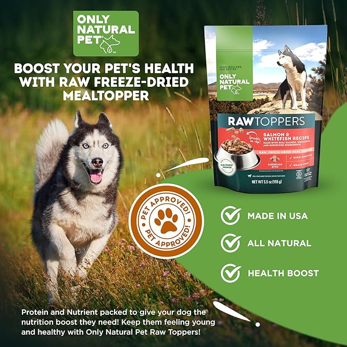 Only Natural Pet Raw Toppers Salmon & Whitefish - Protein Packed, Great Tasting Freeze Dried Raw Food Topper for Dogs - 5.5 OZ Bag 2 Pack (S)