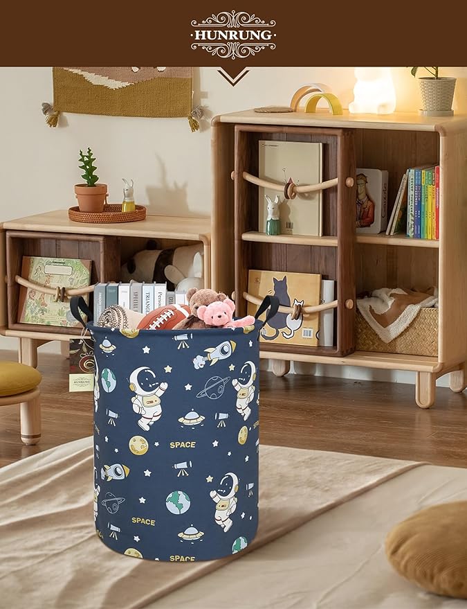 Collapsible Fabric Storage Basket, Waterproof Laundry Hamper with Handles, Round Storage Bin for Clothes Toys, Foldable Organizer for Bedroom Nursery Bathroom(Round-Blue Space Astronaut)