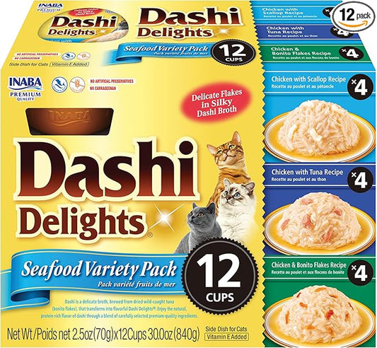 INABA Dashi Delights for Cats, Shredded Tuna Side Dish with Bonito Flake Broth, Cat Food Complement with Taurine & Green Tea Extract, 2.5 Ounce Cup, 12 Cups Total, Seafood Variety