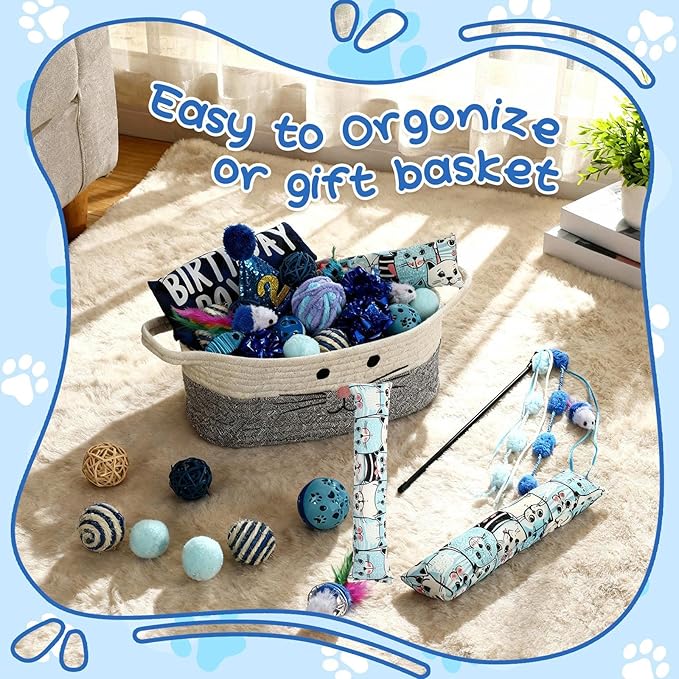 Zopeal Mother’s Day Cat Toy Set Interactive Cat Toys Pack Including Feather Teaser Wand Plush Gift Outfit Mice Crinkle Balls and Pet Bell Balls, Puzzle for Indoor Cats Gift Basket for Kitten(Blue)