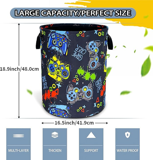 Game Laundry Basket Gamer Game Controller Foldable Waterproof Oxford Cloth Funny Tote Bag Laundry Hamper Clothes Storage Bucket Toy Organizer For Bathroom/Laundry Storage/Bedroom 18.9x16.5 Inch