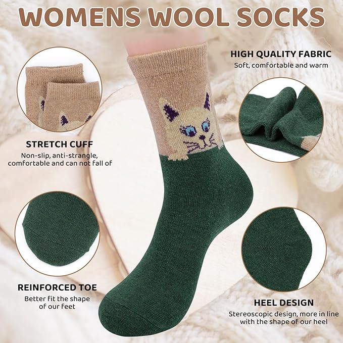 Justay 5 Pairs Womens Wool Socks Thick Warm Winter Socks Casual Cozy Socks Vintage Knit Crew Socks Gift for Women