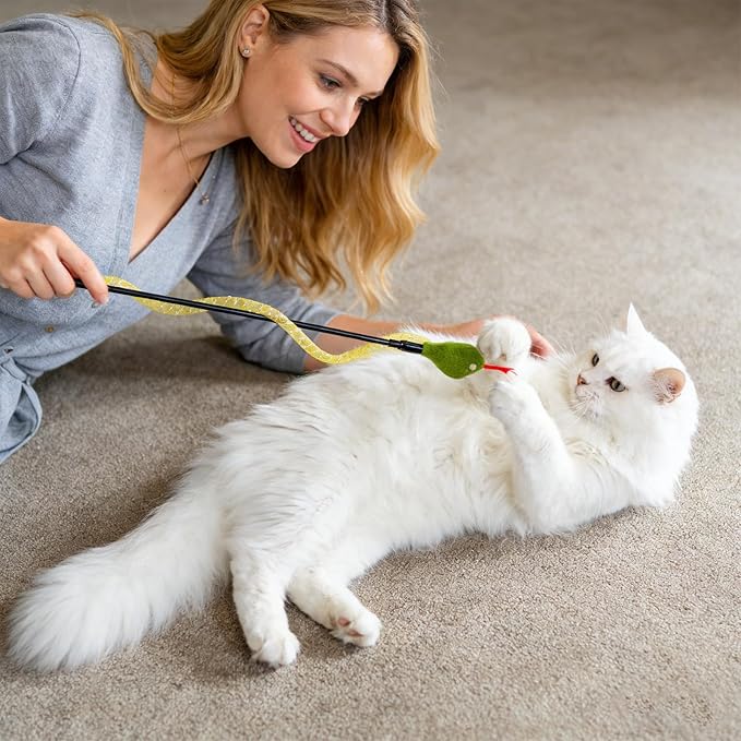 Cat Teaser Wand Toy for Indoor Cats, Cute Mesh Snake & Crinkle Plush Fabric Kitten Wand Kitty Toys Interactive Play Chase Exercise Wand String Toys Cat Toys for All Breed Sizes (Yellow,14.57+30.7inch)