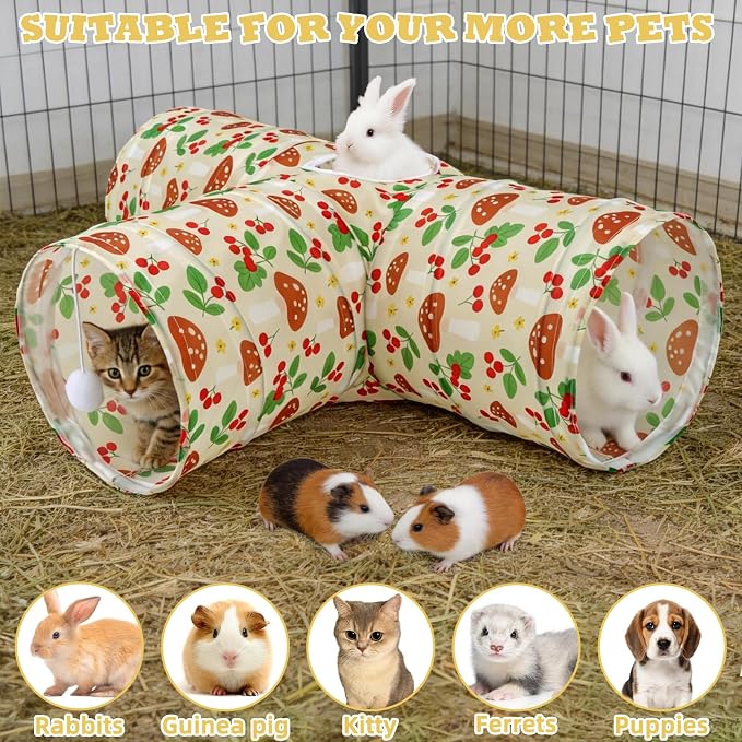 BWOGUE Bunny Tunnels & Tubes Collapsible 3 Way Bunny Hideout Small Animal Activity Tunnel Toys for Dwarf Rabbits Guinea Pigs Kitty