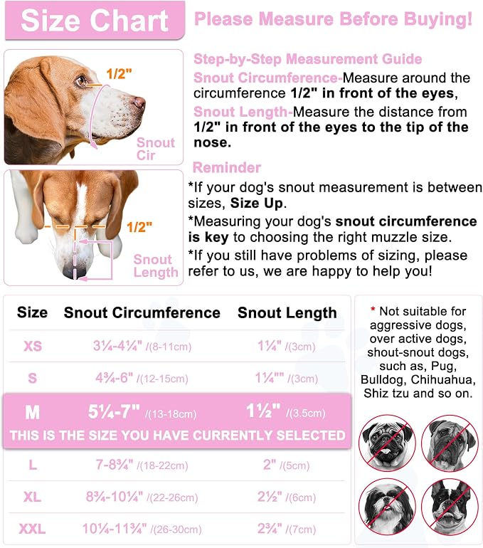 LUCKYPAW Dog Muzzle, Mesh Muzzle for Small Medium Dogs, Soft Mouth Cover to Prevent Biting Chewing, Drinkable Breathable Adjustable Puppy Mouth Guard(M, Pink)