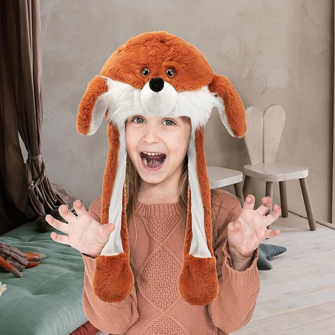 Bubblepompom Animal Hat with Ears Moving Jumping Pop Up Beating Hat Plush Holiday Cosplay Dress Up Funny Gift for Kids