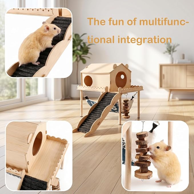 Guinea Pig Hideout Wooden Guinea Pig Castle with Stair, Hammock and House Detachable Double-Decker Guinea Pigs House for Guinea Pigs Hamsters Rabbit Chinchilla Small Animal Hiding Sleeping Activities