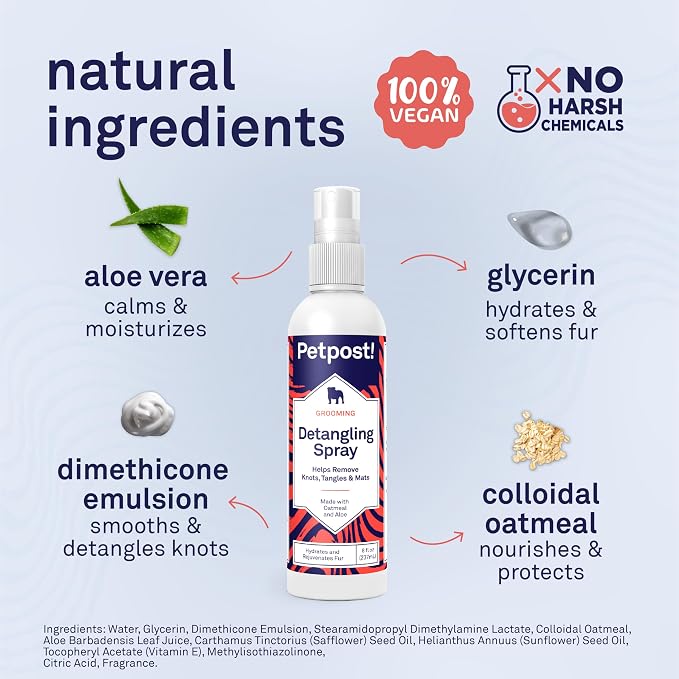 Petpost | Detangling Spray for Dogs with Knots, Mats & Tangles - Naturally Rejuvenating Dog Hair Detangler for Healthier, Shinier, Stronger Fur - Oatmeal, Aloe, and Vitamin E Formula 8 oz.