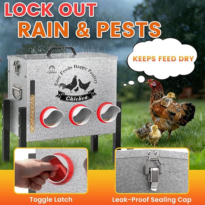 7gal 35LB Large Automatic Chicken Feeder with Window - 6 Port No Waste Design, Rust-Proof Alloy Steel with Locking Lid & Adjustable Legs, Rodent Proof, Waterproof Silo for Hens, Ducks, Geese, Poultry