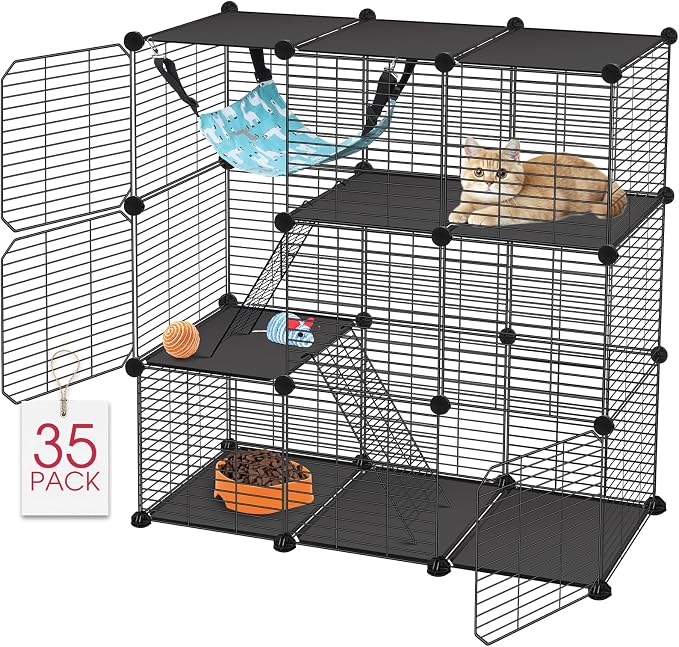VISCOO Cat Cage, 3-Tier DIY Catio Cat Enclosures, 36" x 16" x 36" Cat Playpen Indoor & Outdoor with Hammock, Detachable Metal Wire Kennel Cats Crate, 3x1x3 Exercise Place for 1-2 Kitten/Squirrel