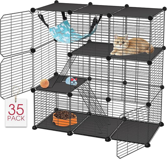 VISCOO Cat Cage, 3-Tier DIY Catio Cat Enclosures, 36" x 16" x 36" Cat Playpen Indoor & Outdoor with Hammock, Detachable Metal Wire Kennel Cats Crate, 3x1x3 Exercise Place for 1-2 Kitten/Squirrel