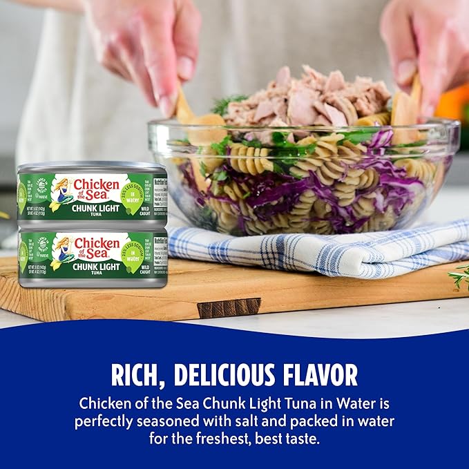 Chicken of the Sea Wild Caught Chunk Light Tuna, 5 Ounce Cans, 24-Count – High Protein 100% Classic Chunk Tuna in Water – Delicious, Easy, Nutritious Ready to Eat Meals, 25% Less Sodium