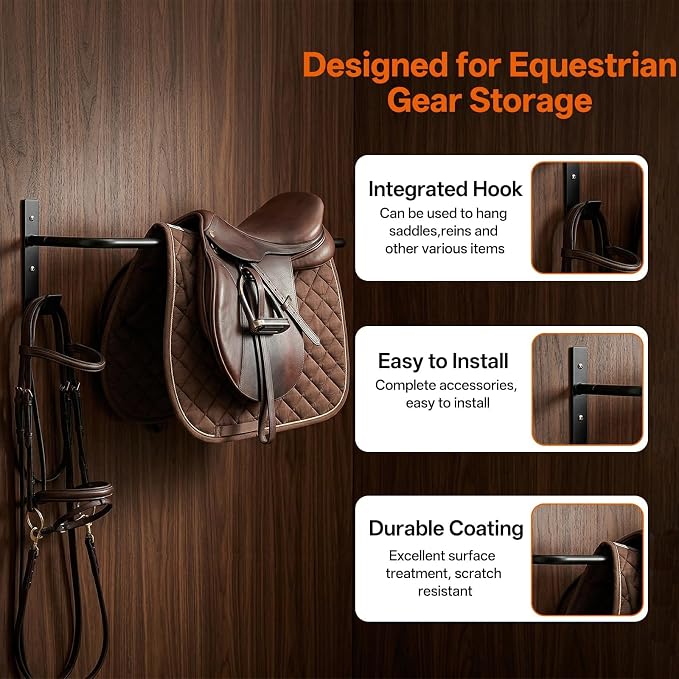 4Pcs Horse lanket Rack with Bridle Hooks, 34 Inch Steel Wall Mounted Removable Horse Blanket Bar, Can be installed on stall doors, Saddle Pad Rack for Hanging Blankets Pads, Saddle Blankets, Black