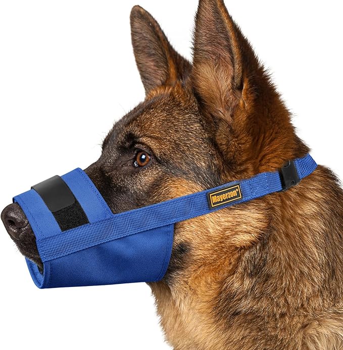 Mayerzon Dog Muzzle for Large Medium Small Dogs, Adjustable Fit, Soft & Sturdy Fabric, Prevents Fierce Barking Biting Chewing, Ideal for Grooming Walking Vet Visits, Allows to Pant Drink (Blue, L)