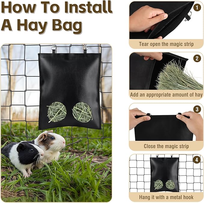 2Pcs Hanging Hay Feeder Bag for Guinea Pigs, Capacity of 0.35 Pounds of Hay, 11.8 x 9.8 Inch Bilayer Harmless Artificial Leather, 2-Hole Washable Hay Feeding Pouch for Small Rabbit, Chinchillas