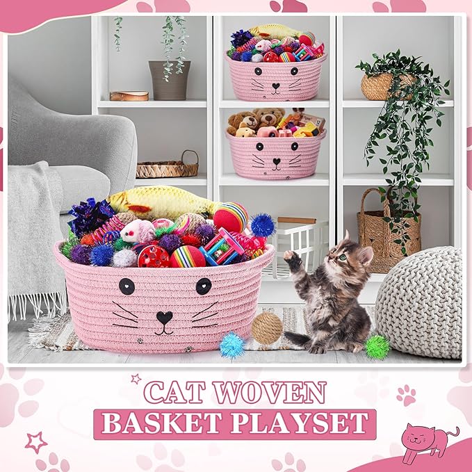 Zopeal 58 Pcs Mother’s Day Cat Storage Basket Gift Toys Set, Colorful Flashing Balls Pet Bell Crinkle Balls Spring Toys Attract Cat to Swat, Hunt, Interactive for Pet(Pink,9.8 Inch)