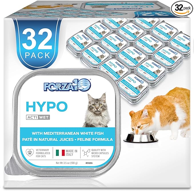 Forza10 - Cat Food, Vet-Approved Hypoallergenic Wet Cat Food, Non GMO, Salmon Flavor, Adult Cats with Allergies, Skin & Coat Support, Made in Italy (3.5 oz, 32 Pack)