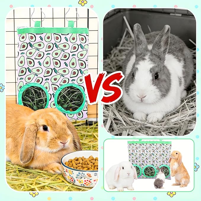 2 Pack Rabbits Hay Feeder for Guinea Pigs 2-Hole 3-Hole Hanging Feeder Bunny Rabbit Hay Bags for Hamsters Small Pets Accessories Holder Bags