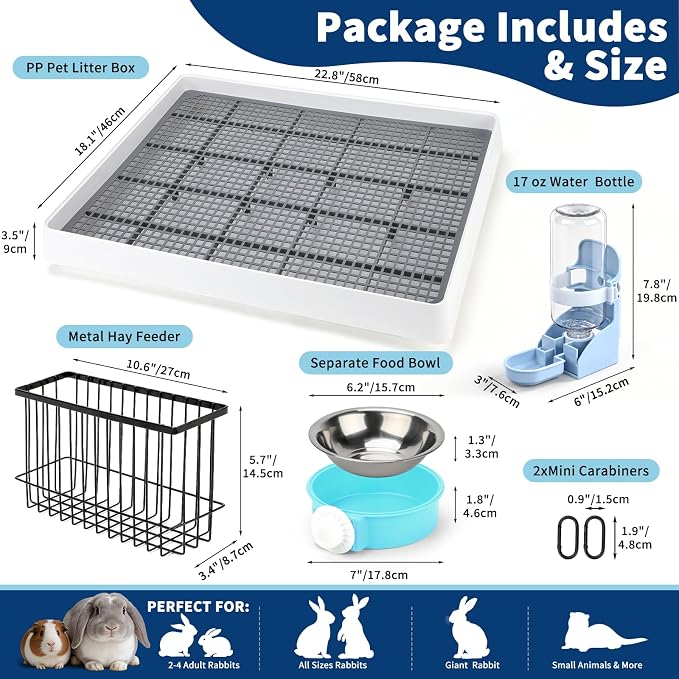 FHTONGE 4 in 1 Ultra Large Rabbit Litter Box with Feeder for Cage, Metal Hay Rack&Trainer Tray&Water Bottle&Food Bowl, Bunny Toilet Training Pan and Feeder Combo for Guinea Pig Ferret Rodent Squirrel