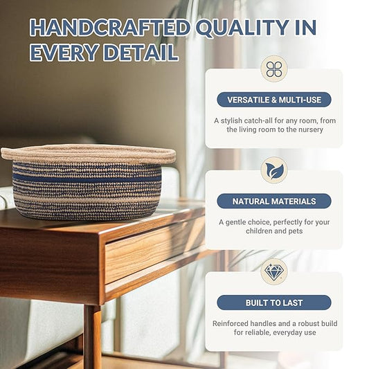 ZOES HOMEWARE Sapphire Blue Small Basket for Gifts, Jute&Cotton Woven Bin for Cat & Dog Toy, Cute Small Rope Basket for Nursery, Living Room& Bathroom, 13''x8''x5.5''