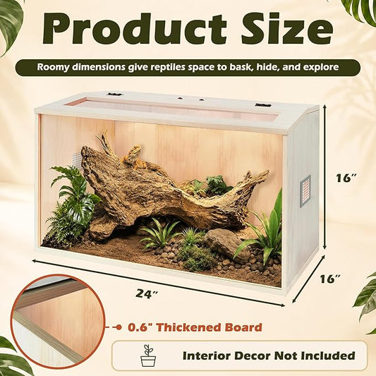 PROLEE Bearded Dragon Tank,Wooden Reptile Tank and Lizard Tank,Tempered Glass Large Bearded Dragon Enclosure with Built-in Lamp Fixture (24X16X16inch,24 Gallons)