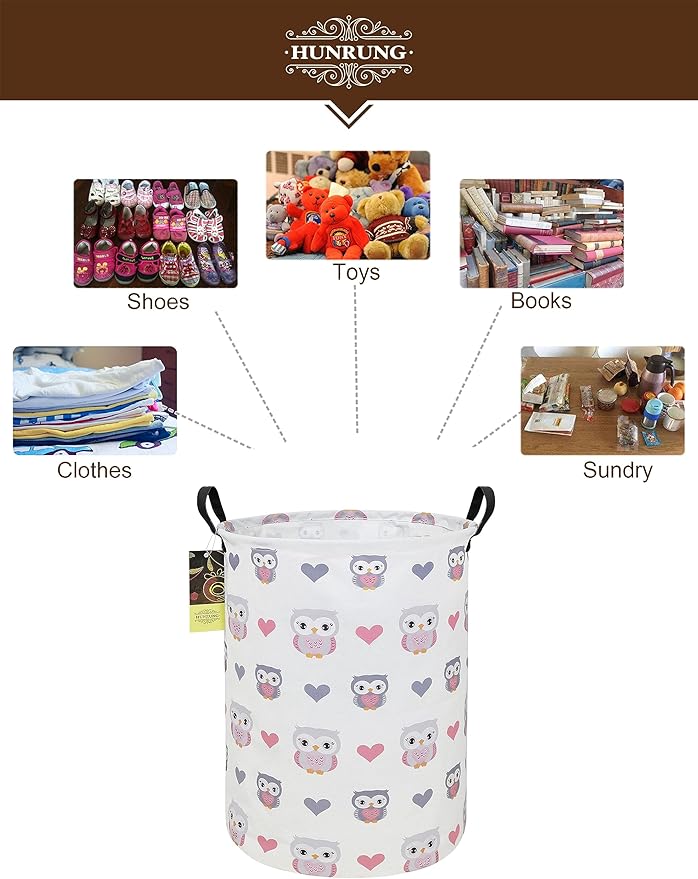 Collapsible Fabric Storage Basket, Waterproof Laundry Hamper with Handles, Round Storage Bin for Clothes Toys, Foldable Organizer for Bedroom Nursery Bathroom(Round-Love Owl)