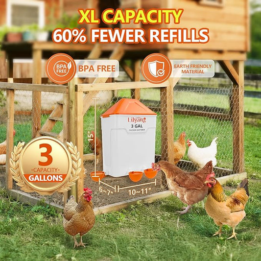 Lilyang Chicken Feeder and Waterer Set 3 Gallon, Automatic No-Waste Feeder, Large Poultry Waterer with 2.75'' Cups, Standing or Hanging Use, Feed Chickens & Ducks