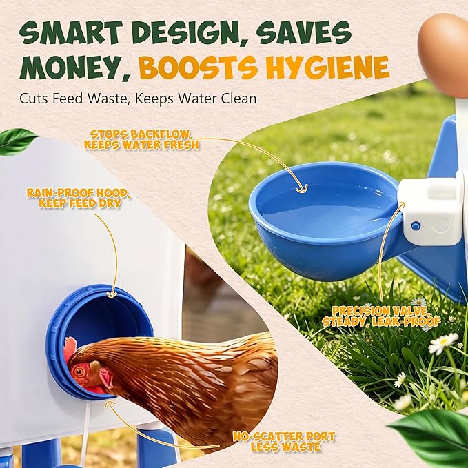 Lilyang Large Chicken Feeder and Waterer Set 5 Gallon, Automatic No-Waste Feeder, Elevated Water Dispenser with Legs, Anti-Spill Ports & Leak-Proof Cups, Feed Chickens & Ducks