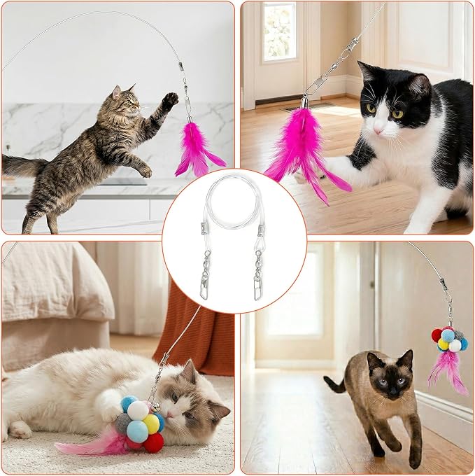 2pcs Replacement Strings for Cat Wand, Plastic Paracord Strings Replacement with Lobster Clasps, Interactive Kitten Wand Stick Wire for Cat Teaser Wand- Clear